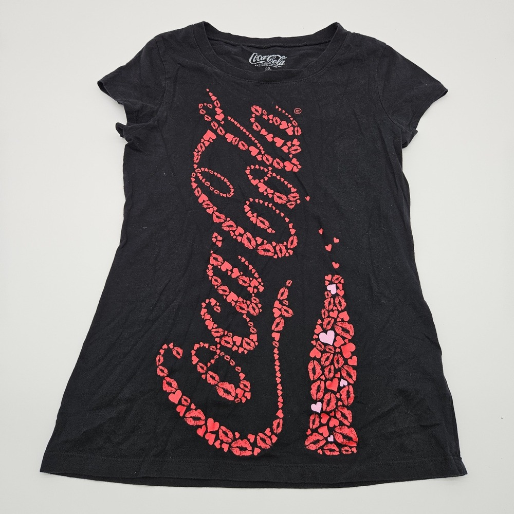 Coca Cola Graphic T Shirt Junior LG Black Red Lips‎ Hearts Print Cotton